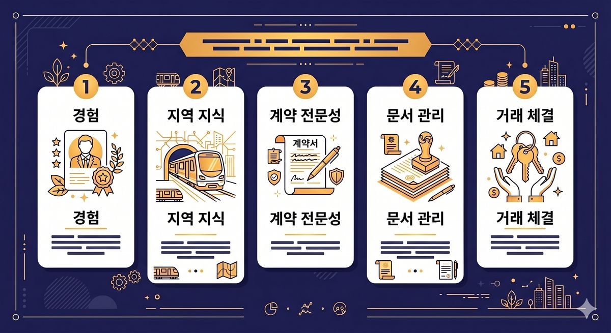관악구·낙성대 부동산 중개사 고르는 5가지 기준 인포그래픽 — 등록 확인, 시세, 계약, 실매물, 원스톱