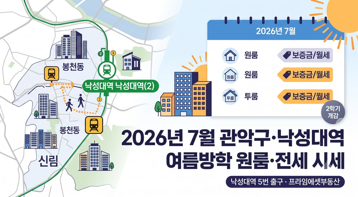 2026년 7월 관악구·낙성대역 여름방학 원룸·전세 시세 인포그래픽 — 봉천동·낙성대역·신림 동네별 참고 시세