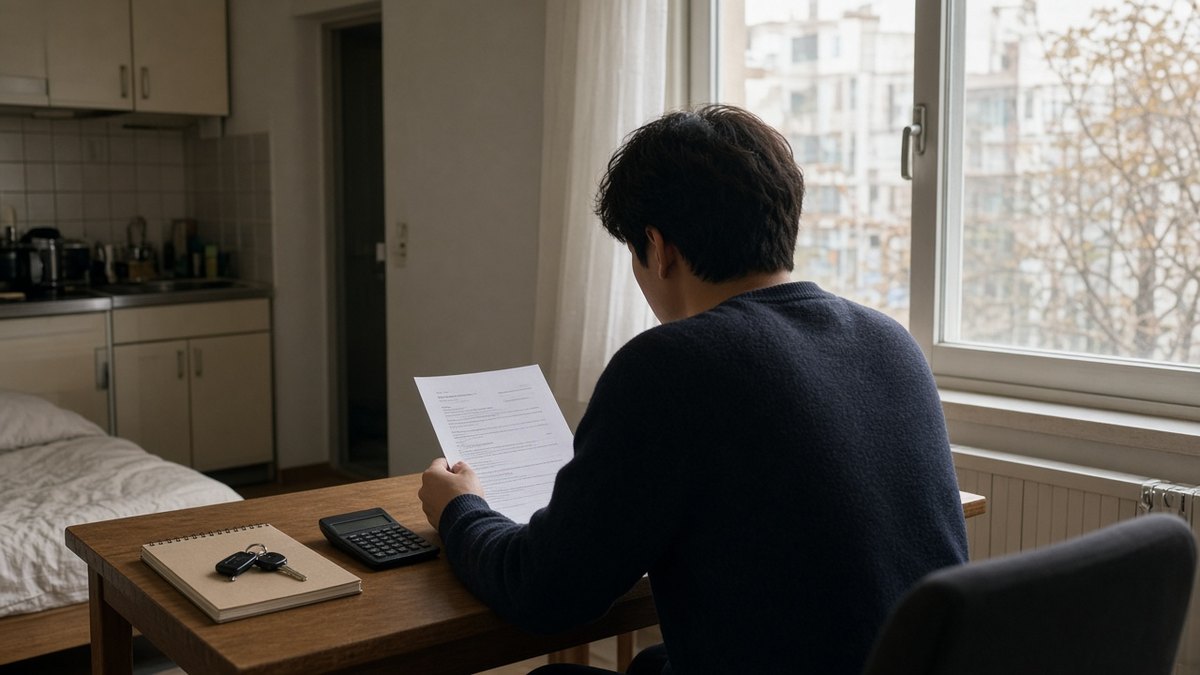 원룸에서 임대차 계약 조건을 계산하는 모습 - 월세·관리비·난방 합산