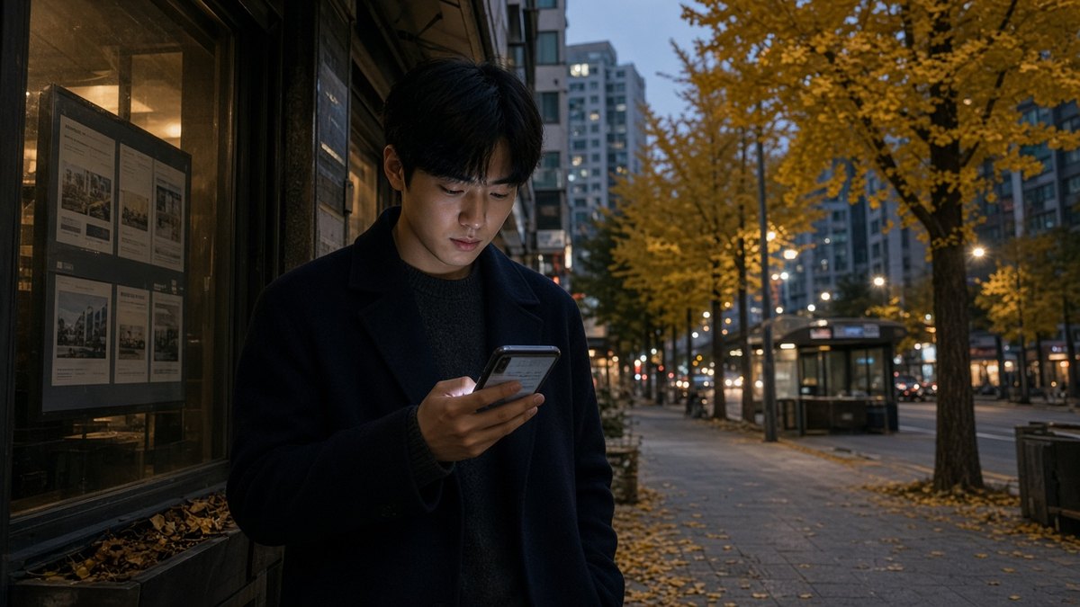 가을 저녁 역세권에서 부동산 뉴스를 확인하는 모습 - 관악구·낙성대 원룸 세입자 가이드