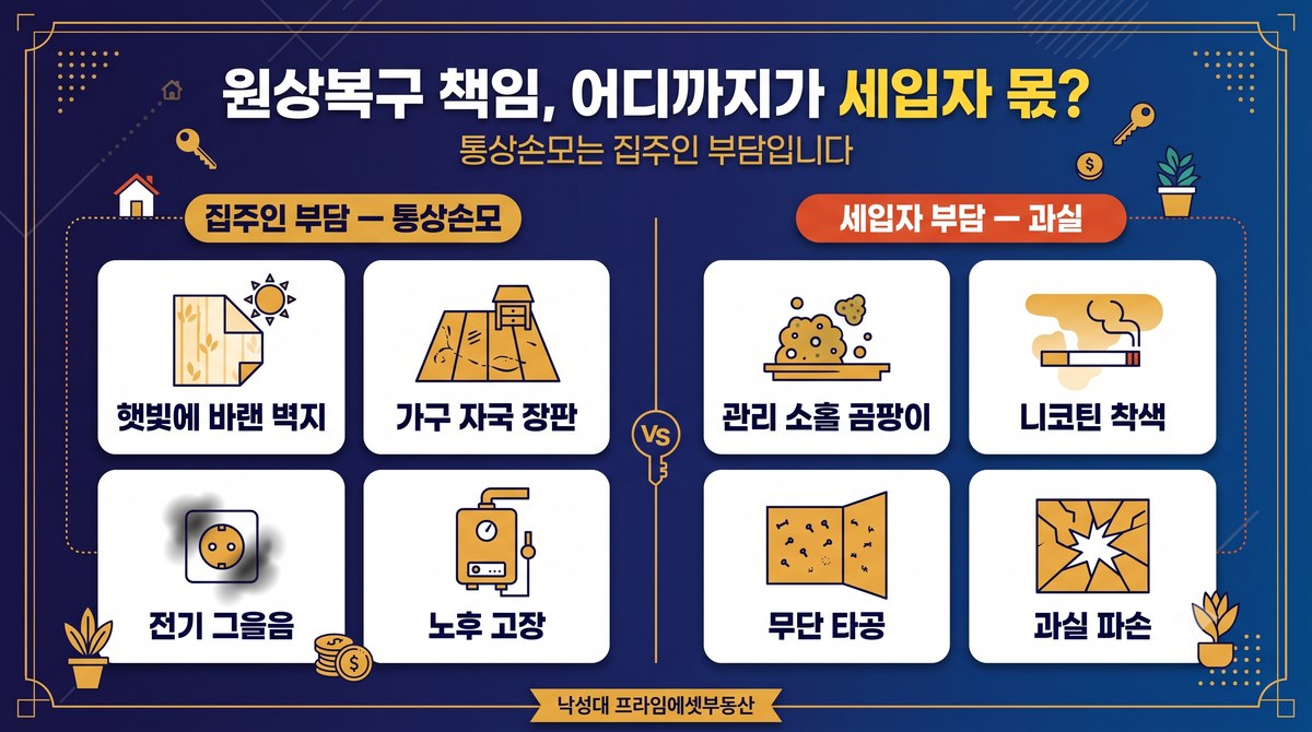 퇴거 시 원상복구 책임 구분표 - 통상손모(집주인 부담)와 세입자 과실(세입자 부담)을 항목별로 비교한 표