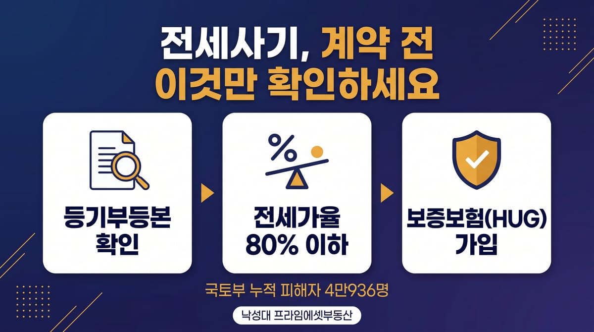 전세사기 예방 계약 전 필수 확인 3가지 - 등기부등본 근저당 확인, 시세 대비 전세가율 확인, 전세보증금반환보증 가입 가능 여부 확인
