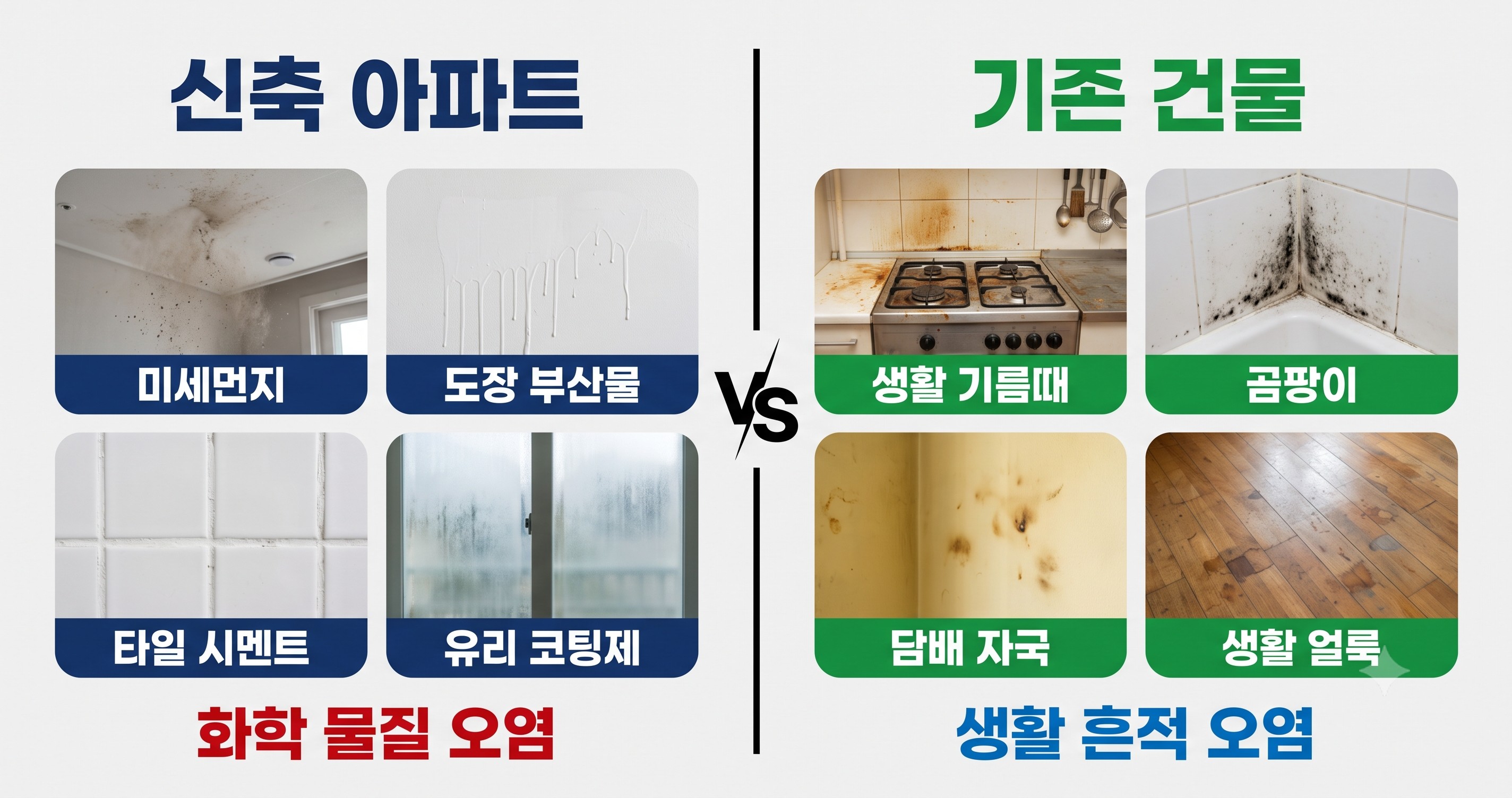 신축 아파트와 기존 건물의 입주청소 오염 비교 - 건설먼지·도장 부산물·타일 시멘트 vs 기름때·곰팡이