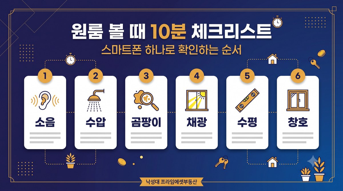 원룸 보러 갈 때 10분 체크 순서도 - 수압, 소음, 곰팡이, 채광, 수평, 창호를 시간 순서대로 확인하는 방법